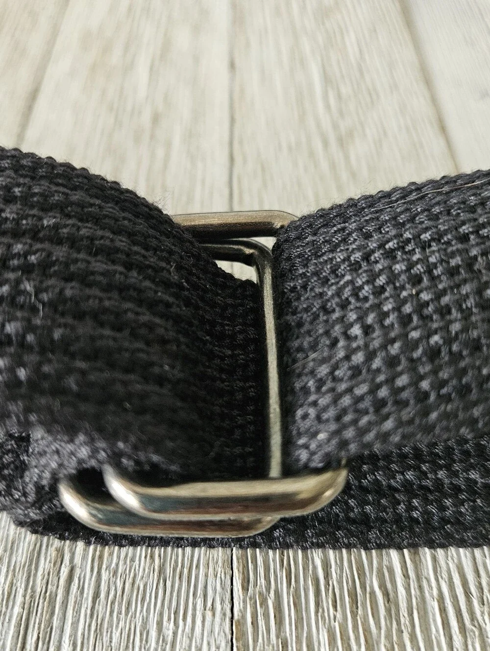 Black Woven Cotton Canvas Web Belt with Metal Double Ring Buckles .Measures 1.5